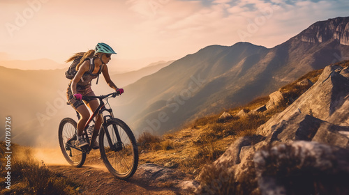 Female cyclist riding bicycle on mountain trail, woman on sports bike, generative AI photo