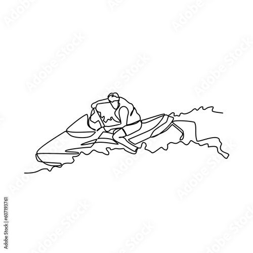 One continuous line drawing of a people playing jetski on the sea. Jetski concept illustration in simple linear style. Sea sprot design concept vector illustration