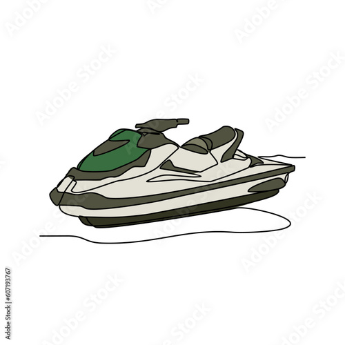 One continuous line drawing of a  jetski on the sea. Jetski concept illustration in simple linear style. Sea sprot design concept vector illustration