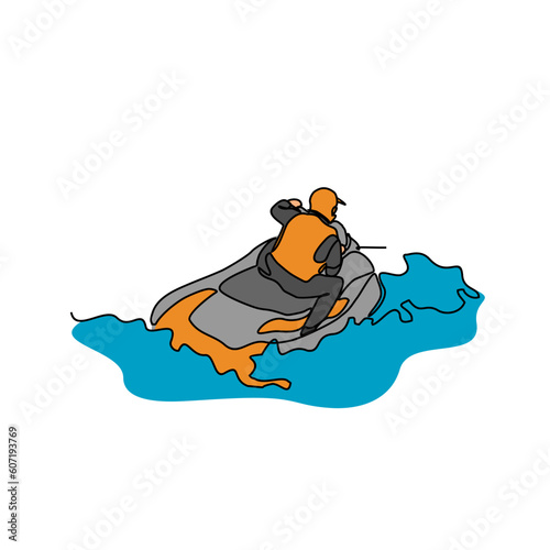One continuous line drawing of a people playing jetski on the sea. Jetski concept illustration in simple linear style. Sea sprot design concept vector illustration