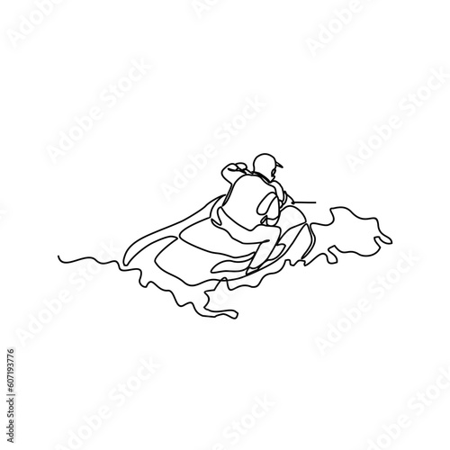 One continuous line drawing of a people playing jetski on the sea. Jetski concept illustration in simple linear style. Sea sprot design concept vector illustration