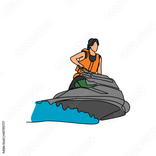 One continuous line drawing of a people playing jetski on the sea. Jetski concept illustration in simple linear style. Sea sprot design concept vector illustration