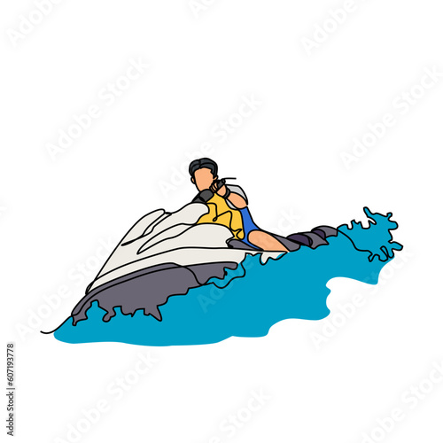 One continuous line drawing of a people playing jetski on the sea. Jetski concept illustration in simple linear style. Sea sprot design concept vector illustration