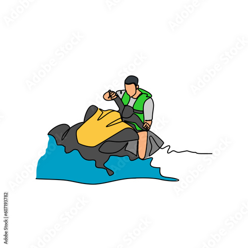 One continuous line drawing of a people playing jetski on the sea. Jetski concept illustration in simple linear style. Sea sprot design concept vector illustration
