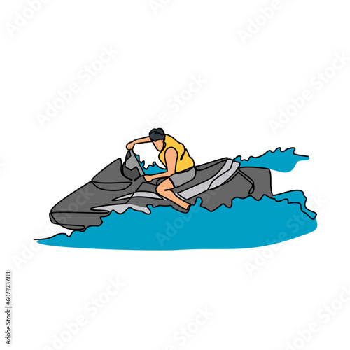 One continuous line drawing of a people playing jetski on the sea. Jetski concept illustration in simple linear style. Sea sprot design concept vector illustration