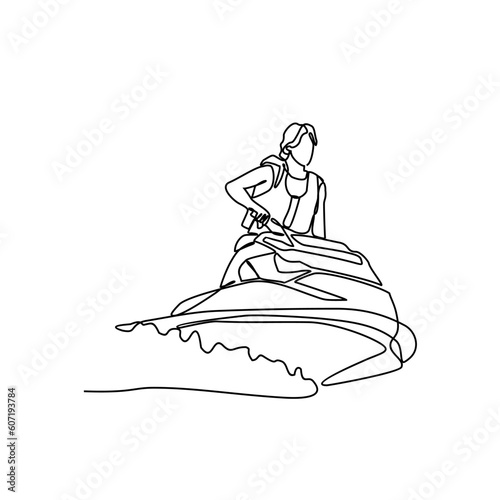 One continuous line drawing of a people playing jetski on the sea. Jetski concept illustration in simple linear style. Sea sprot design concept vector illustration
