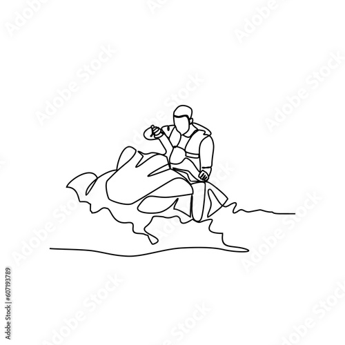 One continuous line drawing of a people playing jetski on the sea. Jetski concept illustration in simple linear style. Sea sprot design concept vector illustration