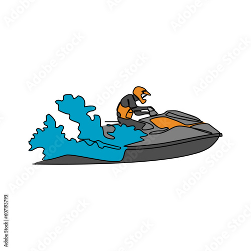 One continuous line drawing of a people playing jetski on the sea. Jetski concept illustration in simple linear style. Sea sprot design concept vector illustration