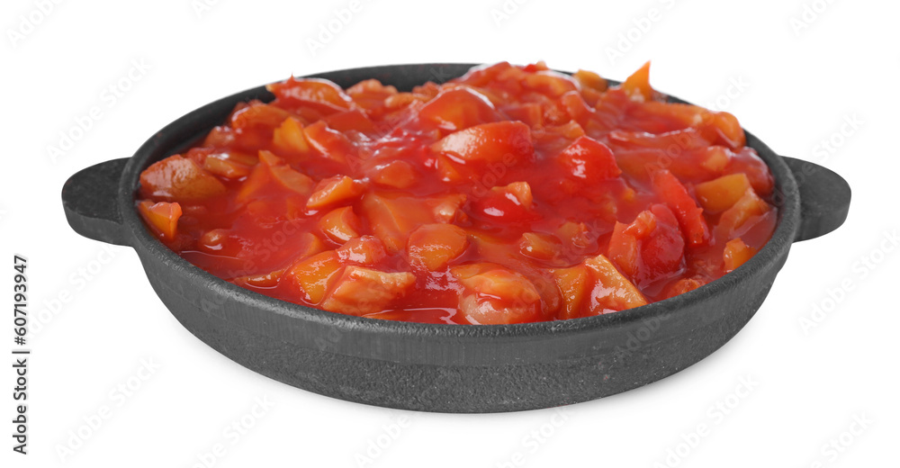 Delicious lecho in frying pan isolated on white Delicious lecho in frying pan isolated on white
