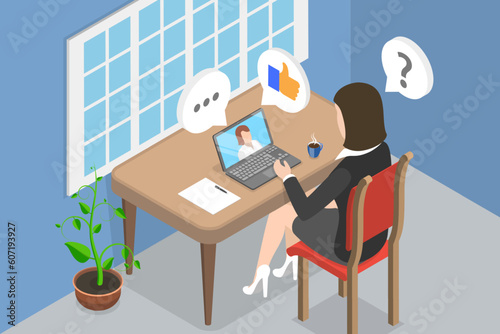 3D Isometric Flat Vector Conceptual Illustration of Online Interview, Research Consumer Behavior