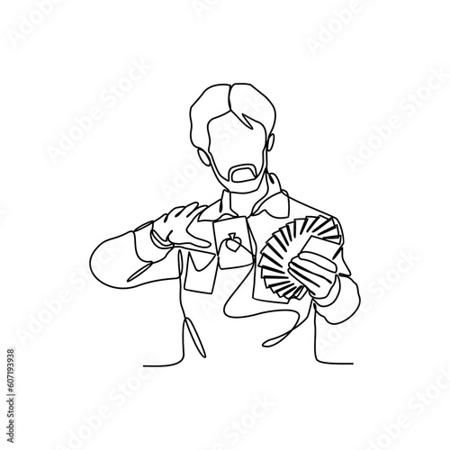 One continuous line drawing of a Magician attraction with the card. Magician concept illustration in simple linear style. Magician design concept vector illustration