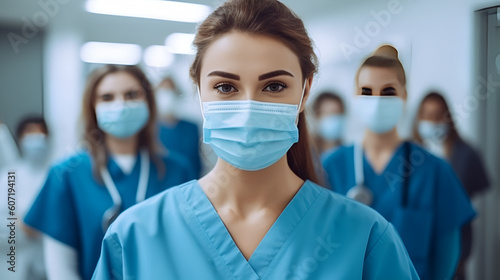 medical workers in the hospital wearing face masks, confident nurse or doctor looking at camera with team behind Generative AI