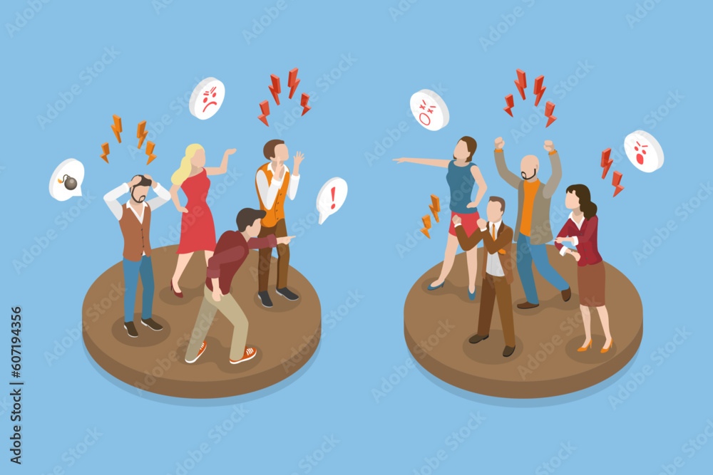 3D Isometric Flat Vector Conceptual Illustration of Angry Characters, Aggressive People Yelling at Each Other - obrazy, fototapety, plakaty 