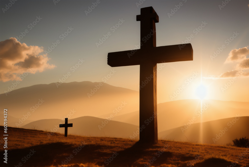 A cross on a hill with the sun shining through, religious concept. Generative AI
