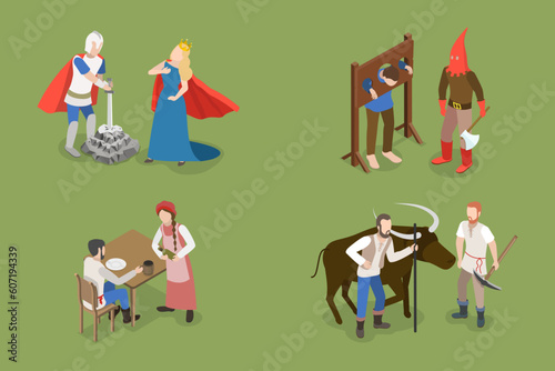 3D Isometric Flat Vector Set of Medieval People, Historical Characters