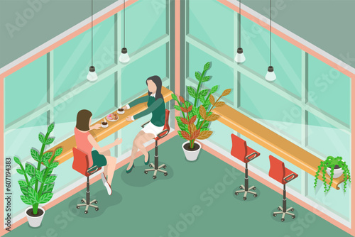 3D Isometric Flat Vector Conceptual Illustration of Females Having a Meal Together, Coffee House Indoor Interior