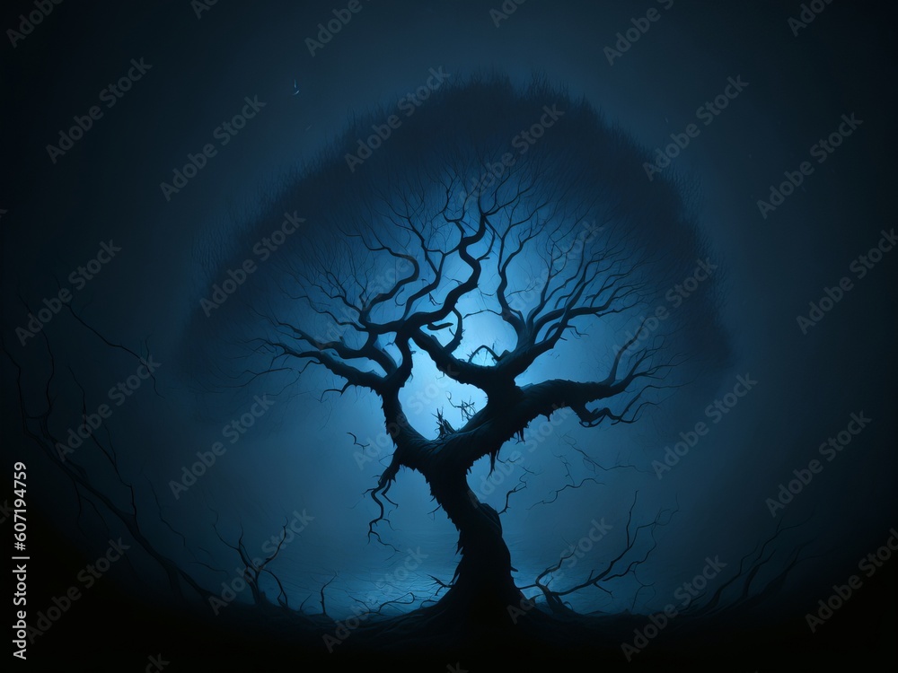 Spooky Tree in Night Mist. Generative AI
