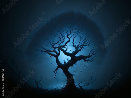 Spooky Tree in Night Mist. Generative AI 