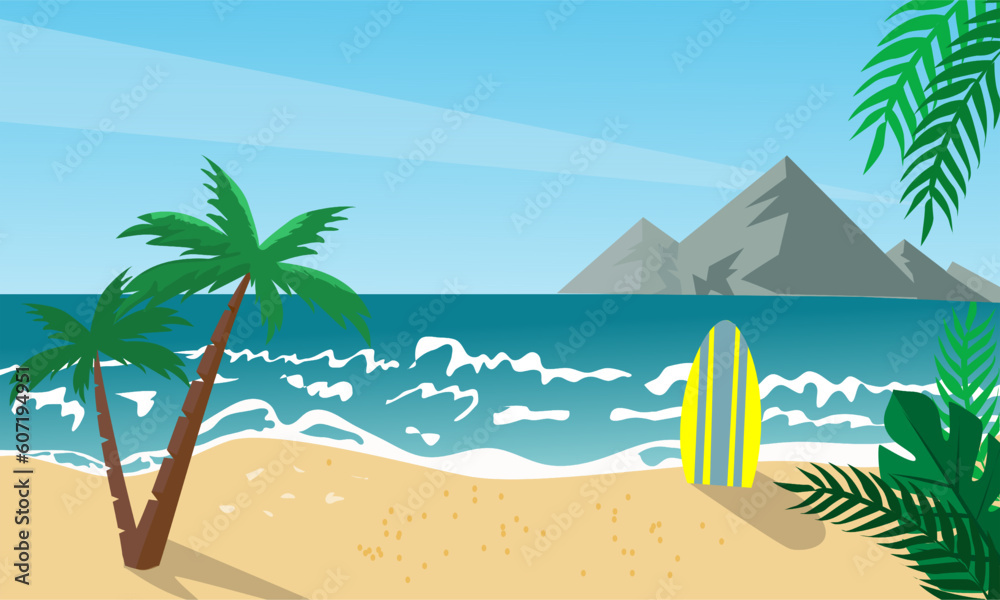 illustration of beach with coconut tree, mountain for background, wallpaper