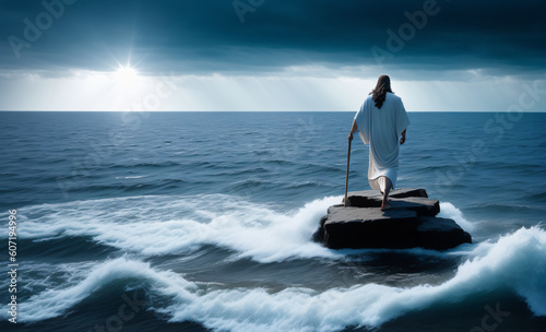 Jesus standing on rock, walking on water. Generative, Generative AI photo