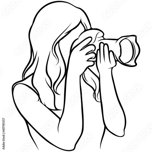 Woman Holding Camera Line Drawing.