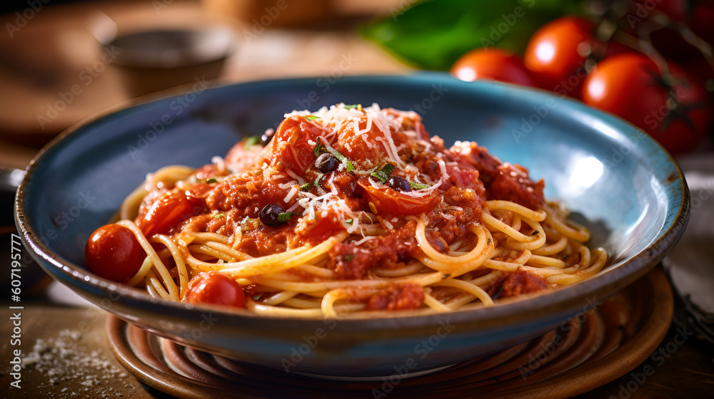 spaghetti with amatriciana sauce in the dish on the wooden table Generative AI spaghetti with amatriciana sauce in the dish on the wooden table Generative AI