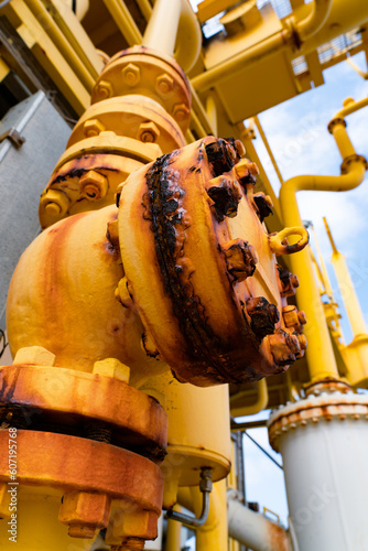 Close-up of corroded steel pipe, corrosion of steel, general corrosion, offshore petroleum pipelines.