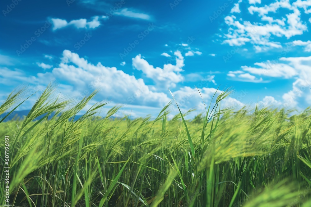 A field of green paddy with a blue sky and clouds. Agriculture concept