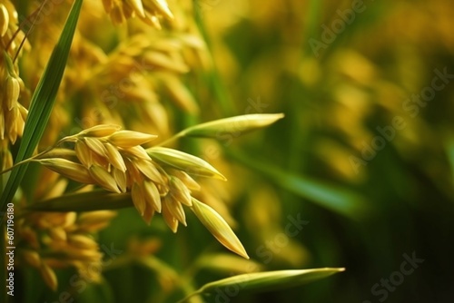 A close up of a golden rice tree in paddy field Agriculture concept © Tazzi Art