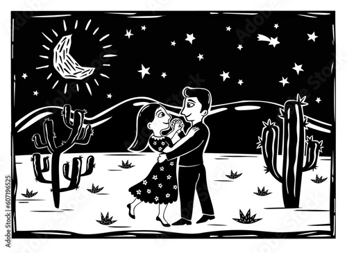 Obraz na płótnie Couple dancing on a starry night in a desert landscape
