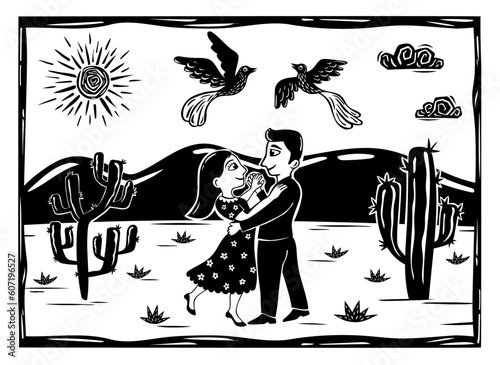 Couple dancing and birds flying in a desert landscape. Cacti, birds and sunny sky. Vector woodcut in cordel style
