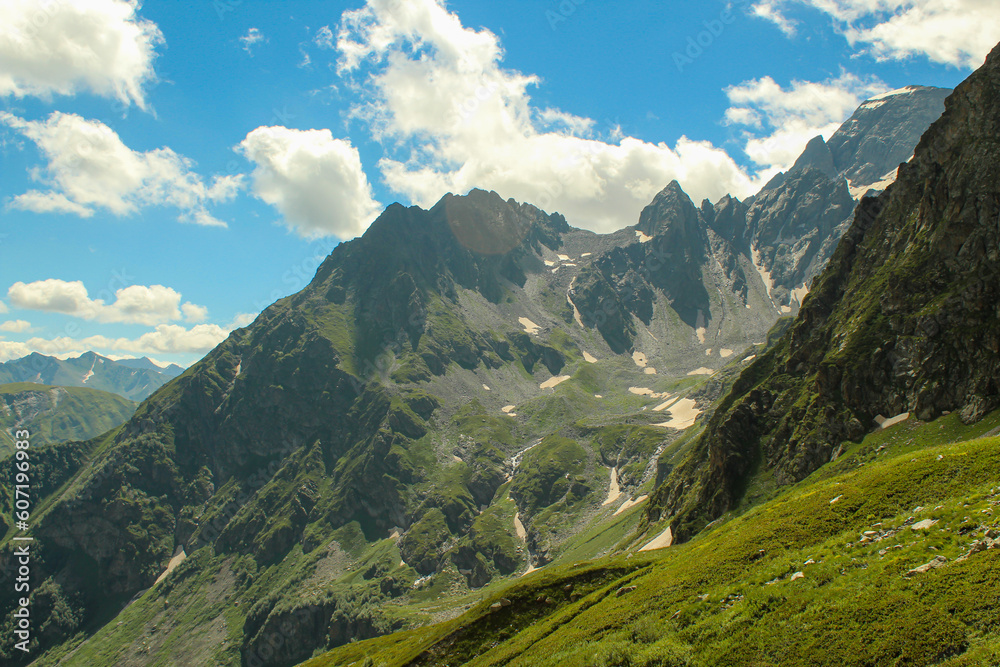 Panoramic view of the Caucasus mountains. Near the village of Arkhyz. Karachay - Cherkessia, Russia