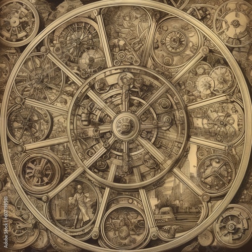 An abstract illustration of a complicated wheel mechanism. Generative AI. 