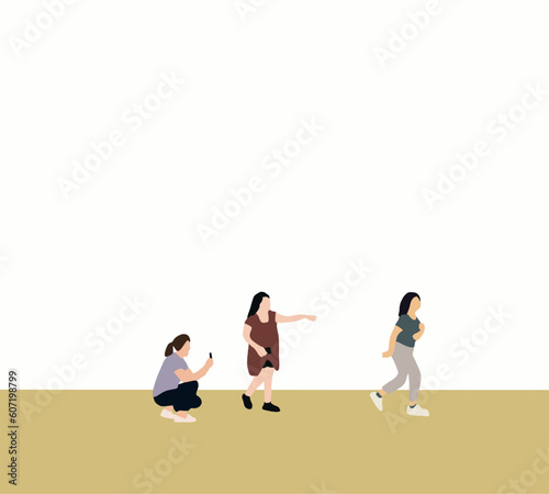 Woman taking photo of friend form smart phone on city street. Happy friendship and fun with people and new technology trends. People vacation journey concept 