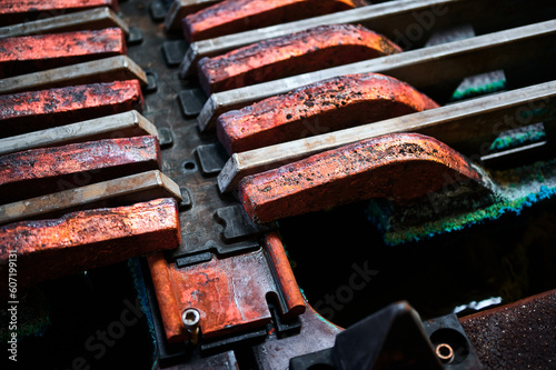 Electrolysis bathtub with installed copper anodes at plant photo