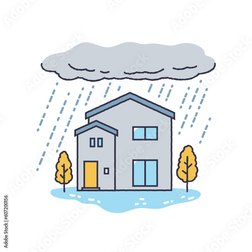 大雨の被害を受ける家