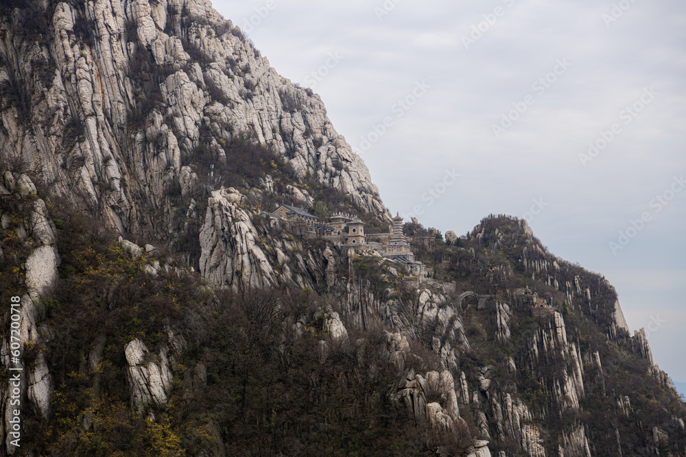 Sanhuang Basilica on a cliff on the top of Songshan Mountain, Dengfeng, Henan, China. Songshan is the tallest of the 5 sacred mountains of China dedicated to Taoism, near the famous Shaolin temple