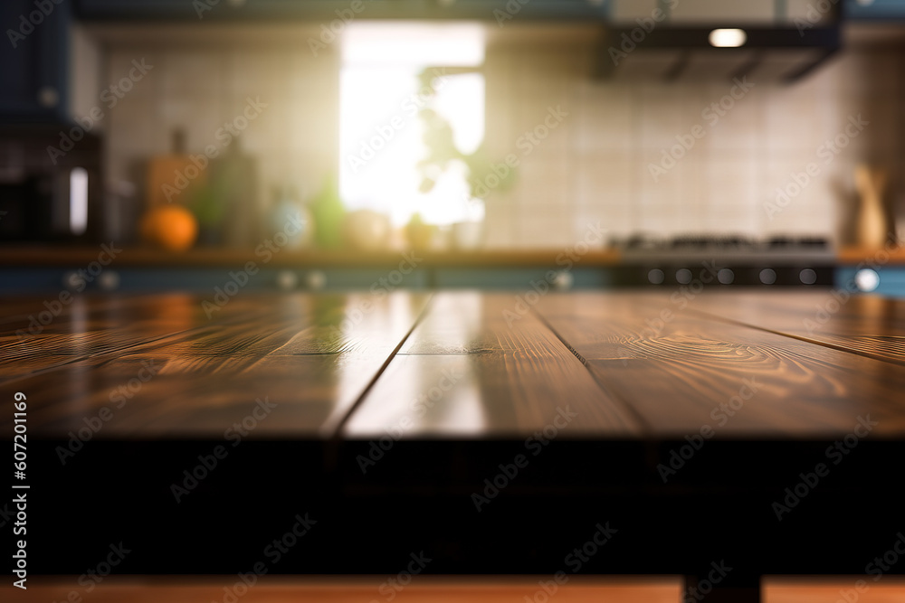 Empty wooden kitchen table island countertop