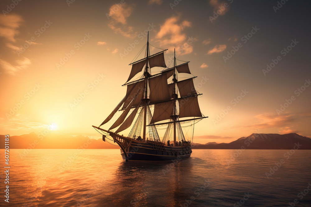Sloop ship in sunset