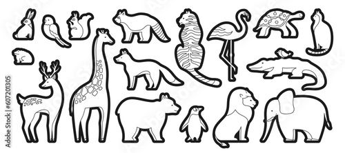 Animal cute linear sticker set for scrapbook stamp. Hare and parrot, squirrel, frog, giraffe. Panda bear penguin. Deer cat turtle fox lion tiger. Animals characters for baby planner design collection