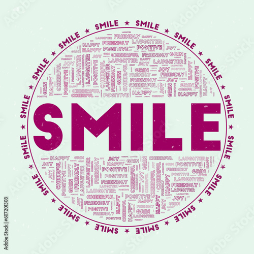 Smile - round badge. Text smile with keywords word clouds and circular text. 8 Bit Eggplant color theme and grunge texture. Modern vector illustration.