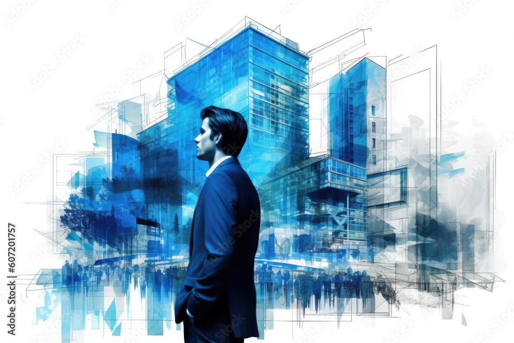 Man with city and buildings blueprint in background. Imagining redevelopment concept. Generative AI