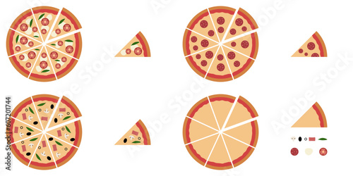 Set of Pizza with Pepperoni, Margherita, Royal, Blank Pizza, slice and ingredients
