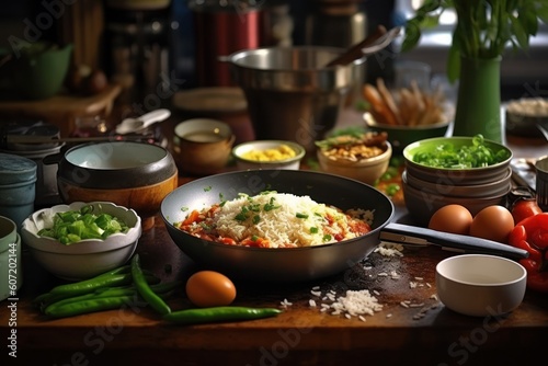 cooking fried rice in a kitchen table stuff food photography
