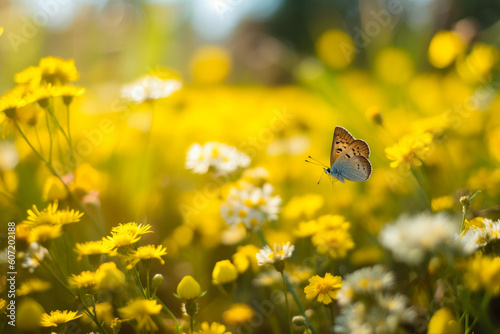 Beautiful soft selective spring summer shot of yellow flowers and butterflies in meadow in nature outdoors on bright sunny day. Macro photo. Generative ai © MVProductions
