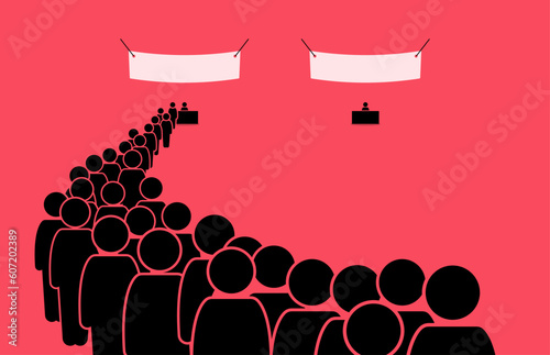 Contrasting seller scenes. One shop with overflowing demand and long queue, while another is idle and has no business. Vector illustration depict concept of demand, popular, buzz, success and failure.