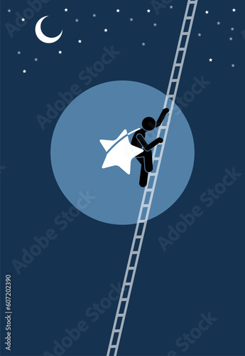 Person climbing down a long ladder after successfully take a star from the sky. Vector illustration depicts concept of accomplishment, success, determination, ambition, journey, adventure, and dream.