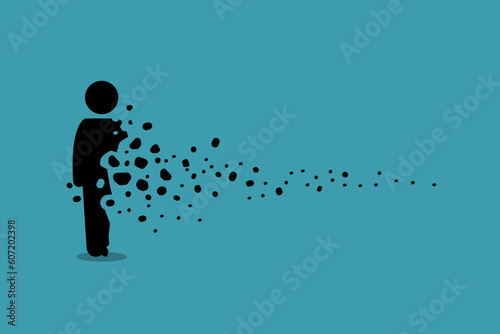 Person man human disappearing, vanishing, and fading away into small sands, dusts, and ashes. Vector illustrations depict concept of pass away, gone, death, perish, and end of life.