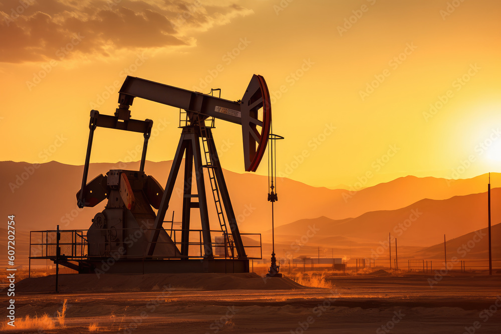Crude oil pumpjack rig on desert silhouette in evening sunset, fossil fuel energy industrial machine for petroleum gas production background. Generative AI