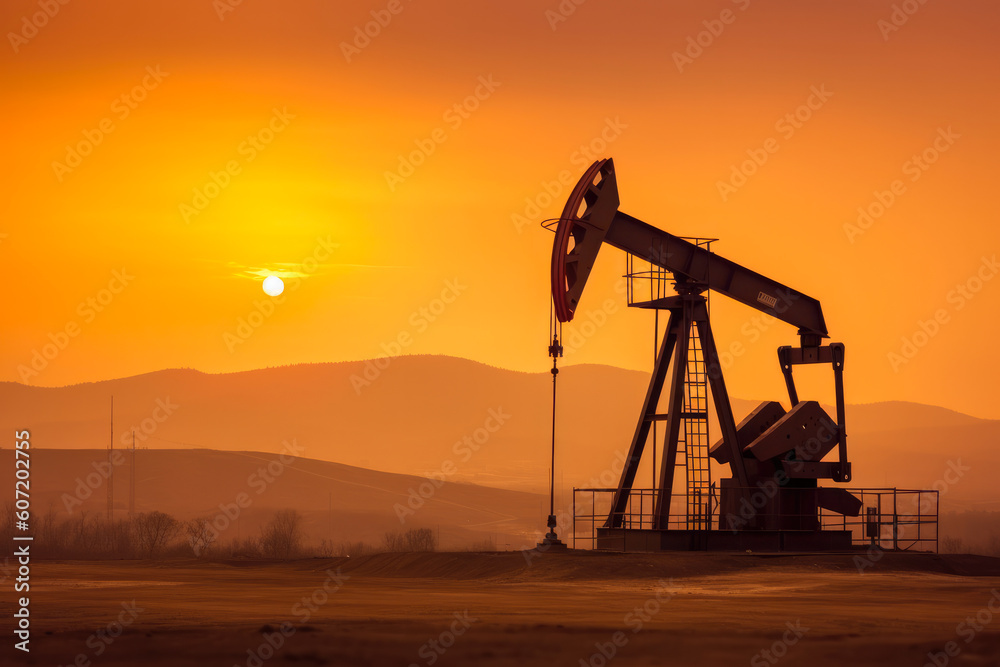 Crude oil pumpjack rig on desert silhouette in evening sunset, fossil fuel energy industrial machine for petroleum gas production background. Generative AI